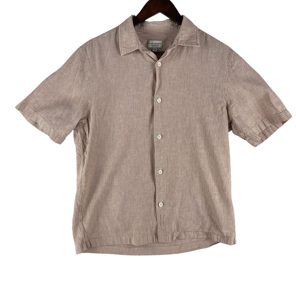 Club Monaco MNS Standard Fit Button Down Shirt M Brown Micro Striped Linen Blend